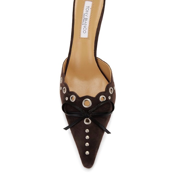 Tony Bianco Brown Suede Mules with Black Bow - Picture 2 of 9